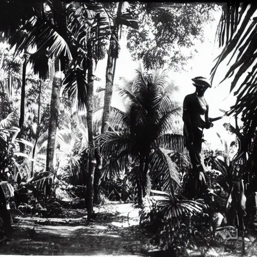 Image similar to a rizom lost film footage of a ( ( ( ( ( ( ( ( complex volume ) ) ) ) ) ) ) ) in the middle of the tropical jungle / tropicalism / tropicalism / tropicalism / film still / cinematic / enhanced / 1 9 2 0 s / black and white / grain