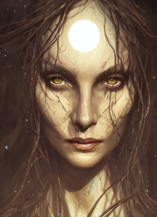 Prompt: close - up face portrait of a beautiful skinny woman as witch in front of the full big moon in a fantasy forest, by james gurney, greg rutkowski, highly detailed digital art, artstation