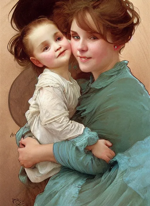 Image similar to a cute little girl with a round cherubic face, blue eyes, and short wavy light brown hair hugging her grandma. she is wearing a turquoise dress. beautiful painting by artgerm and greg rutkowski and alphonse mucha