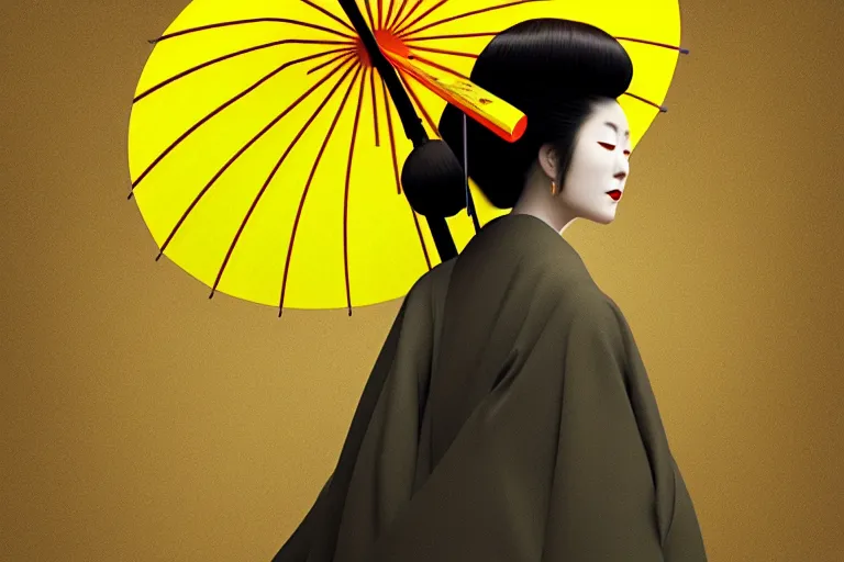 Prompt: surreal fullbody Portrait of japanese geisha with yellow umbrella in dmt chromatic misty enviroment, elegant, highly detailed, smooth, sharp focus, illustration, beautiful, geometric, dmt trending on artstation, cinematic, artwork by WLOP