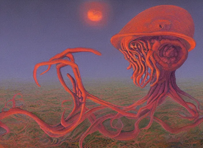 Prompt: surrealist impressionist painting of eldritch garfield at dusk, in the style of michael whelan and james gurney and wayne barlowe