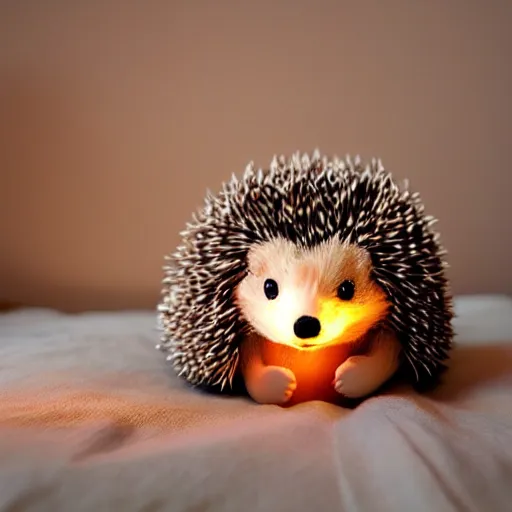 Prompt: cute hedgehog sleeping in bed with nightlight beside it, comfortable, bright colours, night, cute, adorable