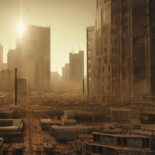 Image similar to octane render, city nuclear fall - out, matte painting, future city