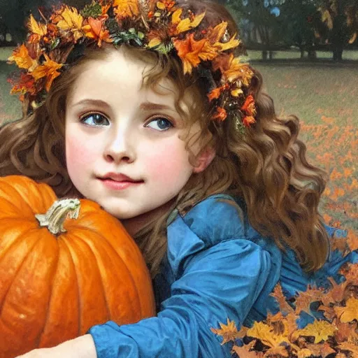 Image similar to a cute little girl with light brown wavy curly hair and blue eyes sitting amidst piles of pumpkins. beautiful cute highly detailed face. she is wearing a crown of autumn leaves. autumn and fall and halloween themed painting by alphonse mucha and artgerm and greg rutkowski.