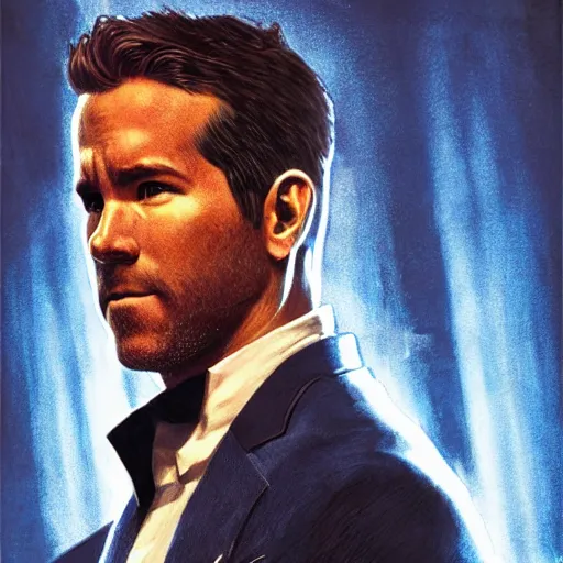 Image similar to ryan reynolds as spider - man, wearing a black and blue suit, cinematic, volumetric lighting, f 8 aperture, cinematic eastman 5 3 8 4 film, photorealistic by greg rutkowski, by stanley artgerm, by alphonse mucha