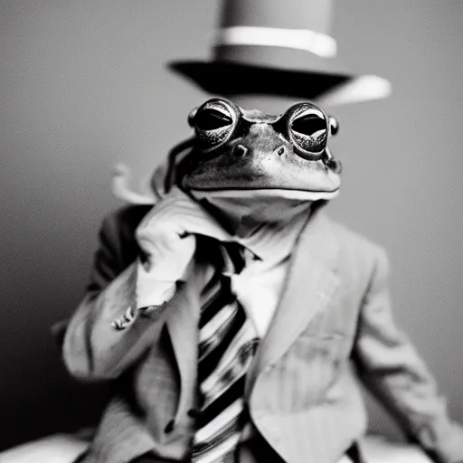 Prompt: An old photo of a sophisticated frog in a nice suit