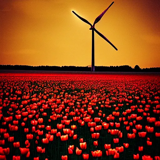 Image similar to “a burning wind turbine in a field of tulips at night time. It is night and very dark. Fireworks in the night sky. 35mm film. Cursed image.”