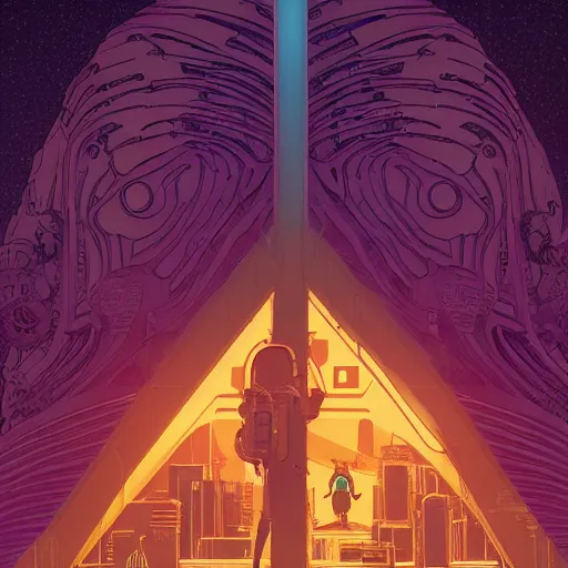 Image similar to Stunningly intricate illustration of a cyberpunk explorer meditating next to a floating triangular glowing monolith, highly detailed, midnight, by Victo Ngai and James Gilleard , Moebius, Laurie Greasley