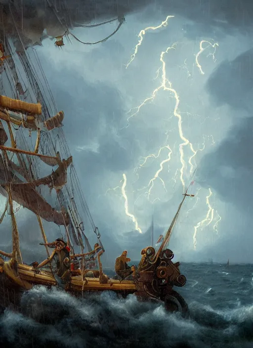 Image similar to mid shot portrait of a male pirate with two peglegs and two hook hands in foreground, fat obese pirate with beard, steering the rudder wheel of a wooden galleon tall ship of the line through a rain and lightning storm. view from on deck, sails masts rigging ropes pulleys, detailed dynamic light painting by peter mohrbacher