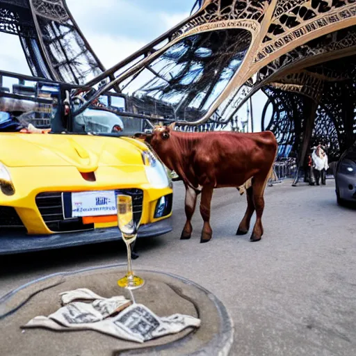 Image similar to cow driving a sports car around the eiffel tower with champagne in its hand