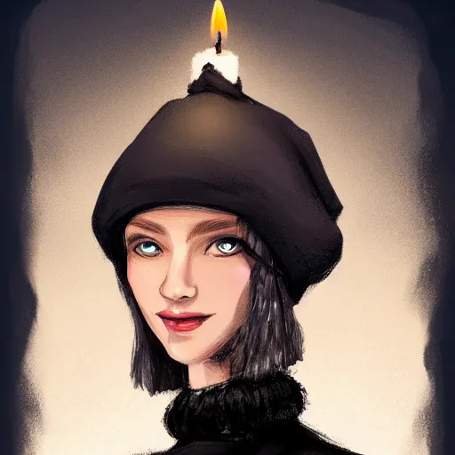 Prompt: an adventurer wearing a black night cap with a pom pom at the end, holding a candle, portrait, d & d, science fiction, concept art, matte, sharp focus, illustration, concept art, jason chan