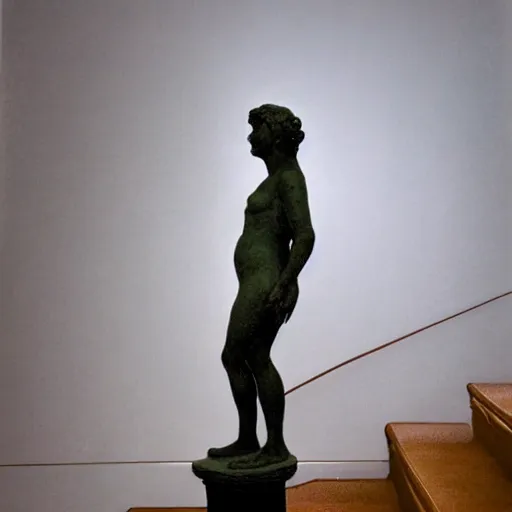 Image similar to impressionist painting of a statue of something unrecognizable walking up the stairs, side view, white background