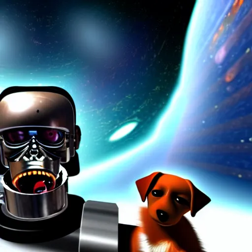 Image similar to t 8 0 0 terminator eating sandwich, hugging a cute puppy while surfing on a saxophone over rings of saturn in space, team fortress 2 sцcreenshot