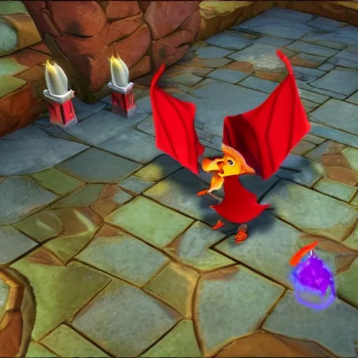 Image similar to screenshot of a humanoid gryphon bard with a red coat as an enemy in spyro the dragon video game, with playstation 1 graphics, activision blizzard, upscaled to high resolution