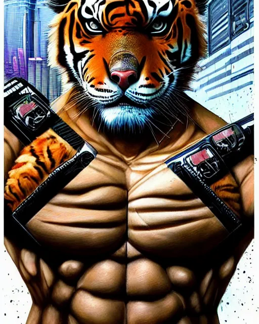 Prompt: a portrait of a muscular anthropomorphic cyberpunk tiger by sandra chevrier, by jon foster, detailed render, pistol in holster, tape deck, epic composition, cybernetics, 4 k realistic, cryengine, realistic shaded lighting, sharp focus, masterpiece, by enki bilal