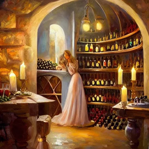 Image similar to wine cellar full of food, torches on the wall, schnapps, romantic, inviting, cozy, blonde woman, painting Vladimir Volegov