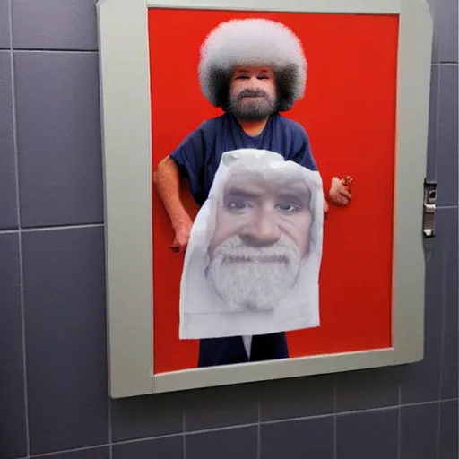 Image similar to jailphoto of a cute bob ross dressed as an inmate inside jail