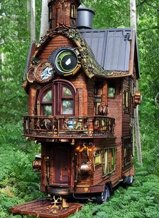 Prompt: steampunk tiny house in a forest with lush vegetation and a garden of roses. Detailed. Very very very detailed intricate.
