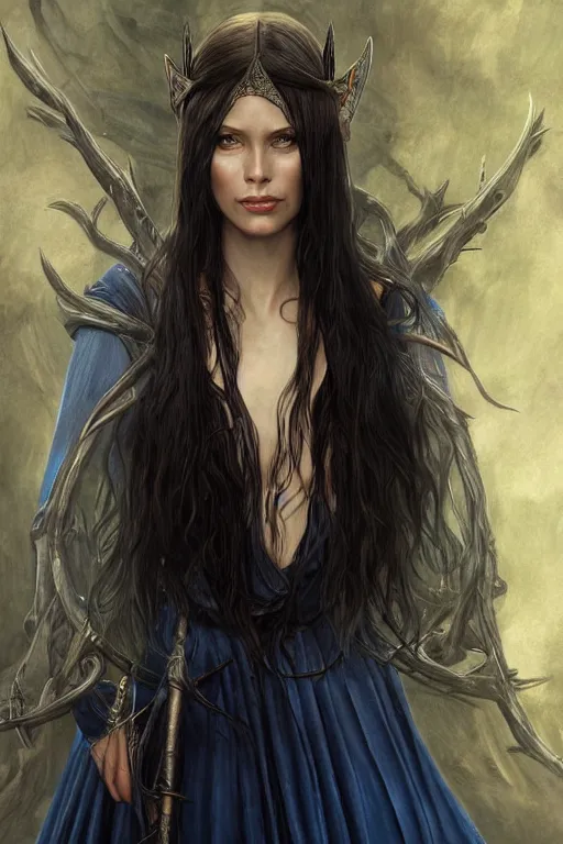 Prompt: portrait, headshot, digital painting, of elven warrior Arwen, beautiful, tall, long dark hair, dark blue satin dress, realistic, hyperdetailed, chiaroscuro, concept art, art by waterhouse