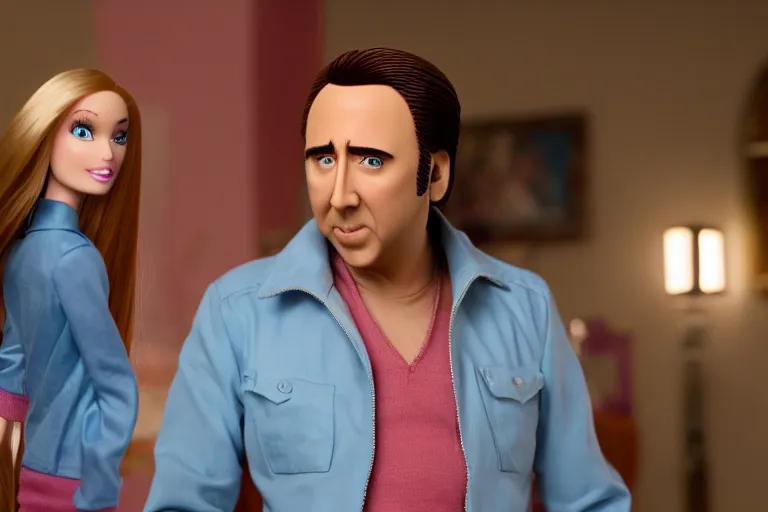 Prompt: Nicolas cage in barbie high resolution still film