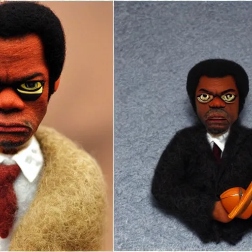 Prompt: needle felted Samuel L Jackson as Jules in Pulp Fiction (1994), highly detailed, tilt shift, eerie!!!, hyperrealism, highly textured, god rays