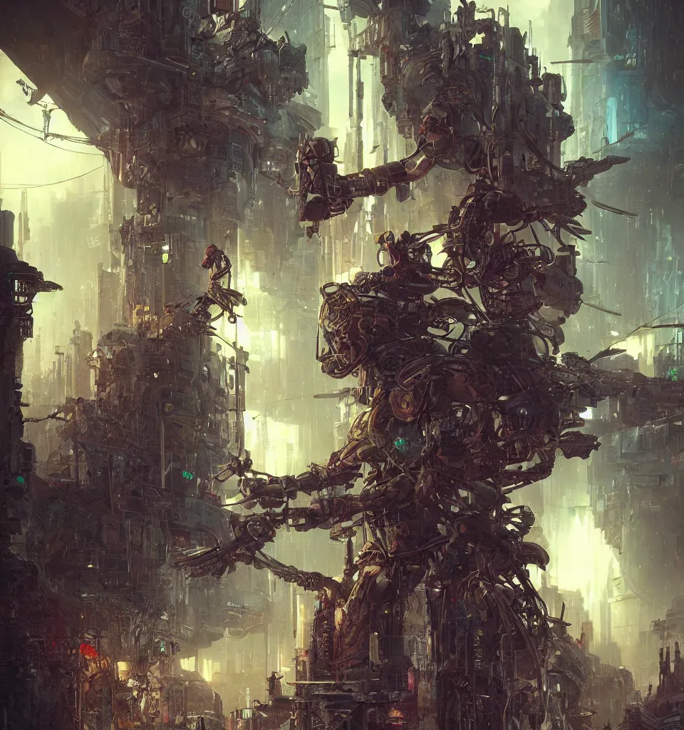 Image similar to cyberpunk gladiator, cinematic, highly detailed, octane render, cg, rich cinematic atmosphere, perfect digital art, mystical journey in strange world, Mystical, cyberpunk, tech war, sci-fi, surreal, glowing lights, sharp focus, high detailed, by Akihiko Yoshida, michael whelan and Karol Bak