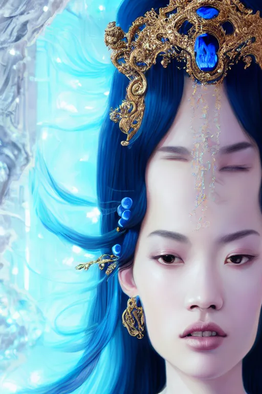 Image similar to a singular beautiful empress portrait, black hair, with a brilliant, impossible striking shiny big blue crystal headpiece, symmetrical, reflective surface, blue crystal clothes, rococo, baroque, jewels, asian, realistic, studio lighting, closeup, D&D, fantasy, intricate, elegant, highly detailed, digital painting, artstation, octane render, 8k, concept art, matte, sharp focus, illustration, art by Artgerm and Greg Rutkowski and Alphonse Mucha