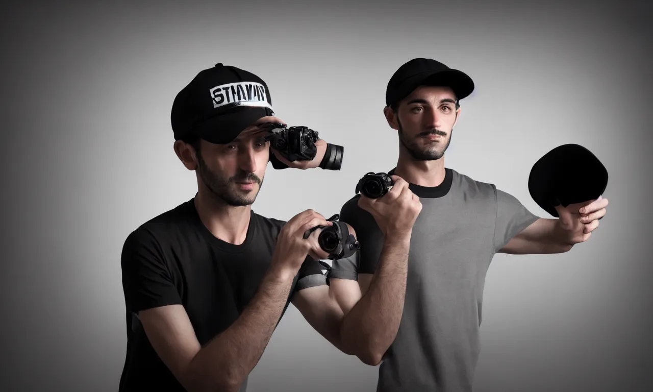 Image similar to handsome italian man wearing black baseball cap and tshirt uses telepathy to control a floating camera. cinematic. studio lighting. intricate details. high quality