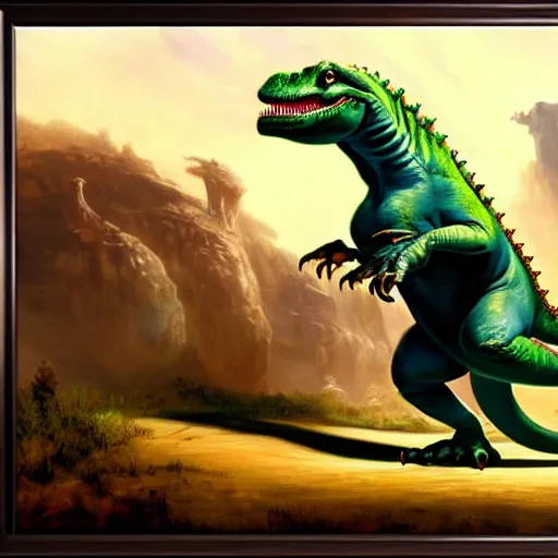 Image similar to An ultra realistic portrait painting of Yoshi the Dinosaur wearing his saddle in the style of Frank Frazetta, 4k, Ultrarealistic, Highly Detailed, Dark Fantasy, Epic Lighting