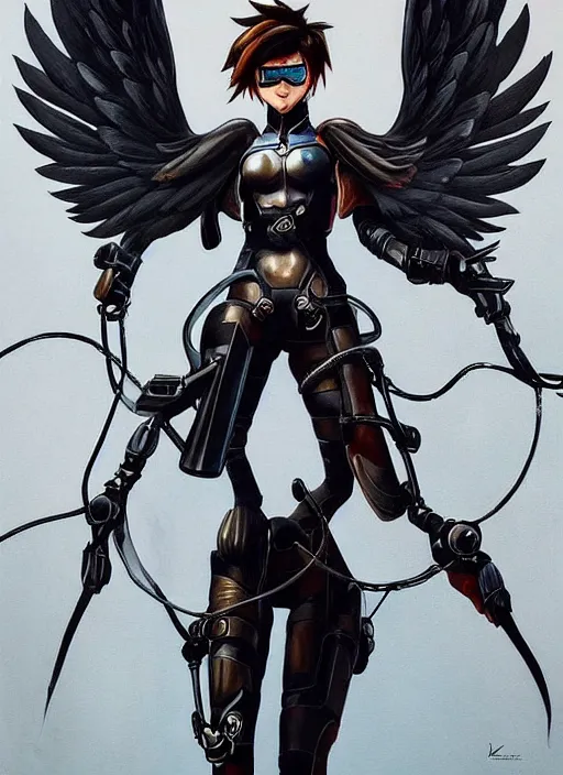 Image similar to full body artwork of tracer overwatch, wearing leather outfit, in style of zdzisław beksinski, angel wings, dramatic painting, symmetrical composition, wearing detailed steel collar, black shiny armor, chains, black harness, detailed face and eyes,