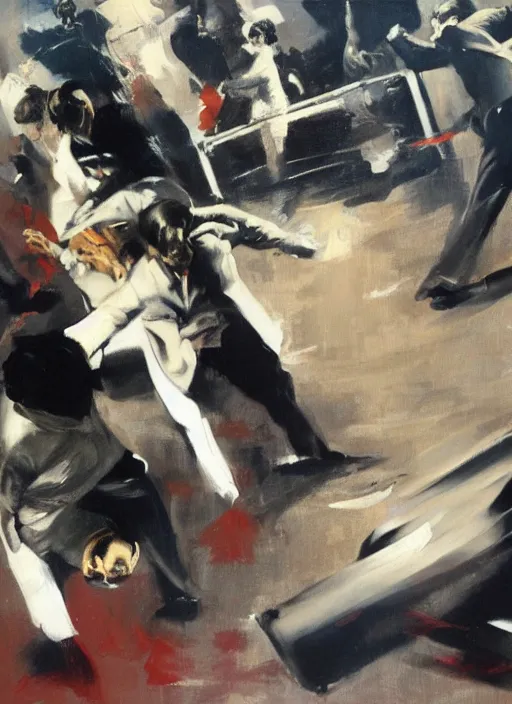 Prompt: jfk assassination, painting by phil hale, fransico goya,'action lines '!!!, graphic style, visible brushstrokes, motionb blur, blurry, visible paint texture, crisp hd image