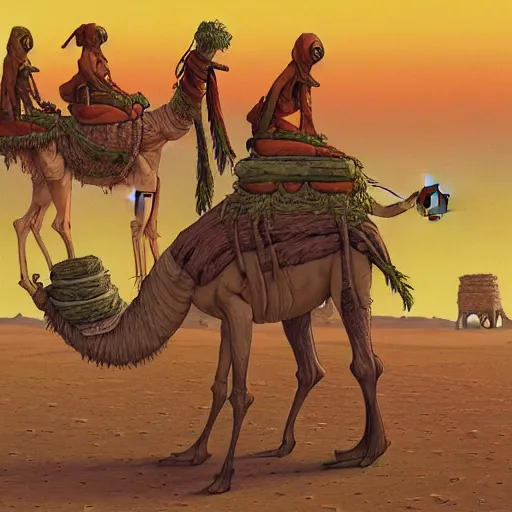 Image similar to several stoner merchants in robes with integrated bong gas mask appliances, trucking bales of herbs across an alien desert with camel-like creatures in tow. Album art by Arik Roper and Jean Giraud