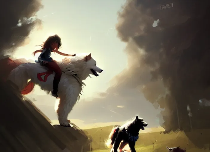 Image similar to comic book cover. heroic giant samoyed dog being ridden by a small young girl by greg rutkowski, trending on artstation