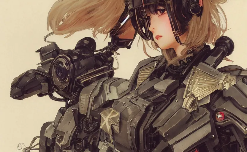 Prompt: mechanized valkyrie girl, anime style, airforce insignia, vintage clothing, spreading wings, short hair, hair down, symmetrical facial features, from arknights, hyper realistic, 4 k, rule of thirds, extreme detail, detailed drawing, trending artstation, hd, d & d, realistic lighting, by alphonse mucha, greg rutkowski