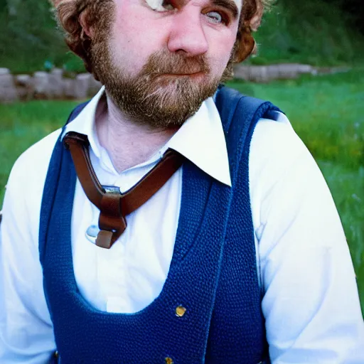 Image similar to close up headshot of a frowning clean shaven pudgy British lad with short curly dark brown hair as a hobbit wearing a white men's crossbody sling chest bag and blue vest, blue vest!! white crossbody chestbag!! high resolution film still, by Alexandra Nataf