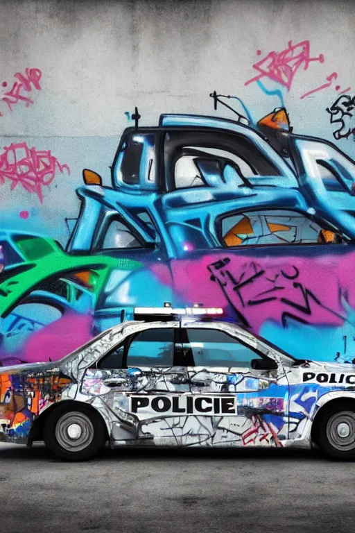 Prompt: a police car covered in graffiti by mia brownell, art by anna hotchkis, antonio saura, very detailed, maximalism, ambient occlusion, volumetric light, atmospheric haze, hyper realism, futuristic but colorful shading, cinematic composition, realistic render, photography, wide shot