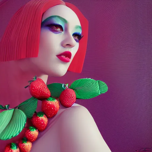 Prompt: strawberry inspired avant-garde art, deco fashion, highly detailed, photorealistic portrait, bright studio setting, studio lighting, crisp quality and light reflections, unreal engine 5 quality render