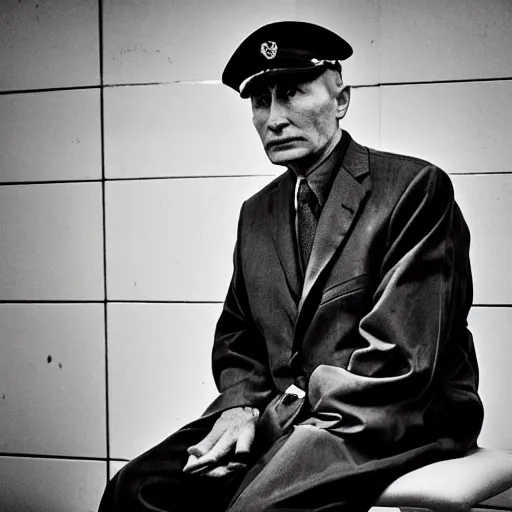 Image similar to a very sad and old wrinkled vladimir putin ( ( in prison clothes sitting on prison bench in prison ) ). detailed professional 3 5 mm black and white photo by don mccullin and anders petersen world press photo award