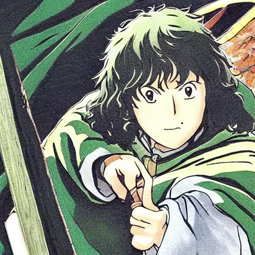 Image similar to peregrin took from the anime lord of the rings (1986), dark hair, green cape, hobbit, studio ghibli, very detailed, realistic