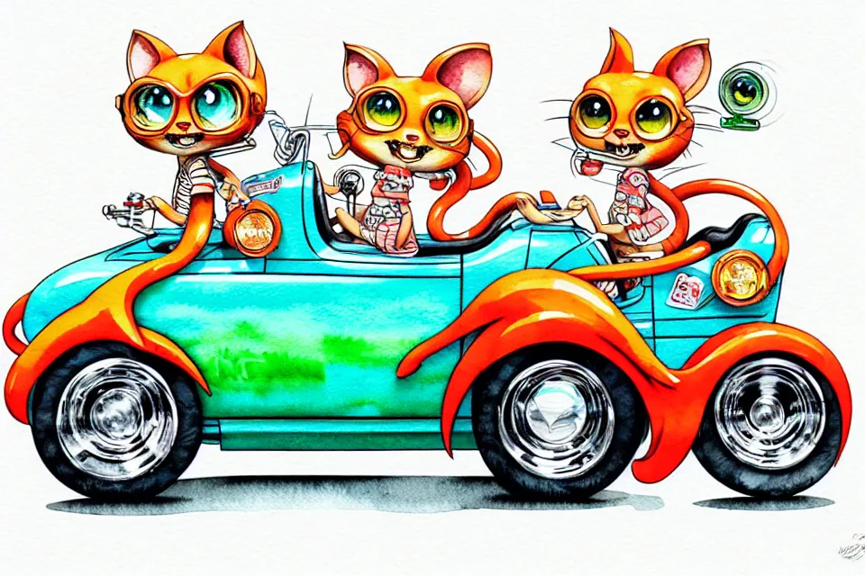 Prompt: cute and funny, margay riding in a tiny hot rod with oversized engine, ratfink style by ed roth, centered award winning watercolor pen illustration, isometric illustration by chihiro iwasaki, edited by range murata, tiny details by artgerm and watercolor girl, symmetrically isometrically centered