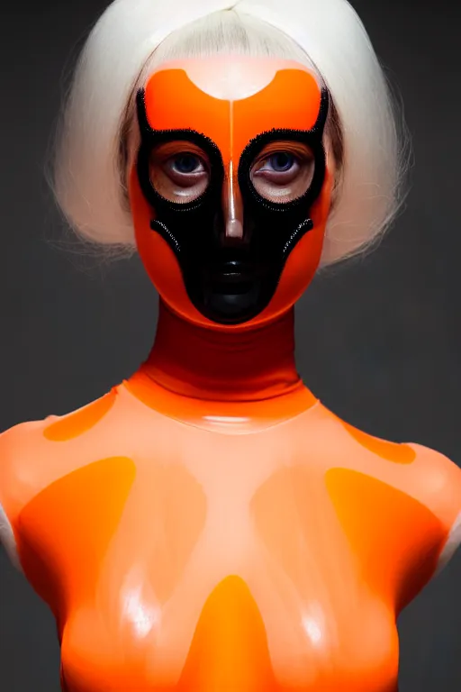 Image similar to symmetrical portrait of a woman wearing an orange embroidered translucent silicone mask and white hair buns, wearing a black bodysuit by alexander mcqueen, white background, soft diffused light, biotechnology, humanoide robot, futuristic aesthetic, translucent, ethereal, intricate details, highly detailed, masterpiece,