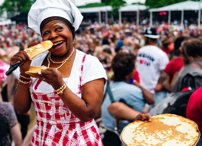 Image similar to photo still of aunt jemima in period attire at vans warped tour!!!!!!!! at age 4 0 years old 4 0 years of age!!!!!!! on stage throwing pancakes to the crowd, 8 k, 8 5 mm f 1. 8, studio lighting, rim light, right side key light