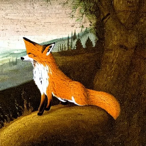 Image similar to one lone fox ontop a wooden fence, painted by da vinci