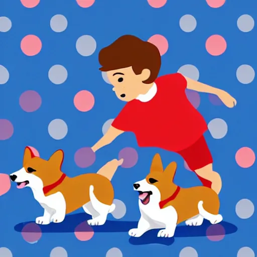 Image similar to illustration of french boy playing football with a corgi who is wearing a polka dot scarf