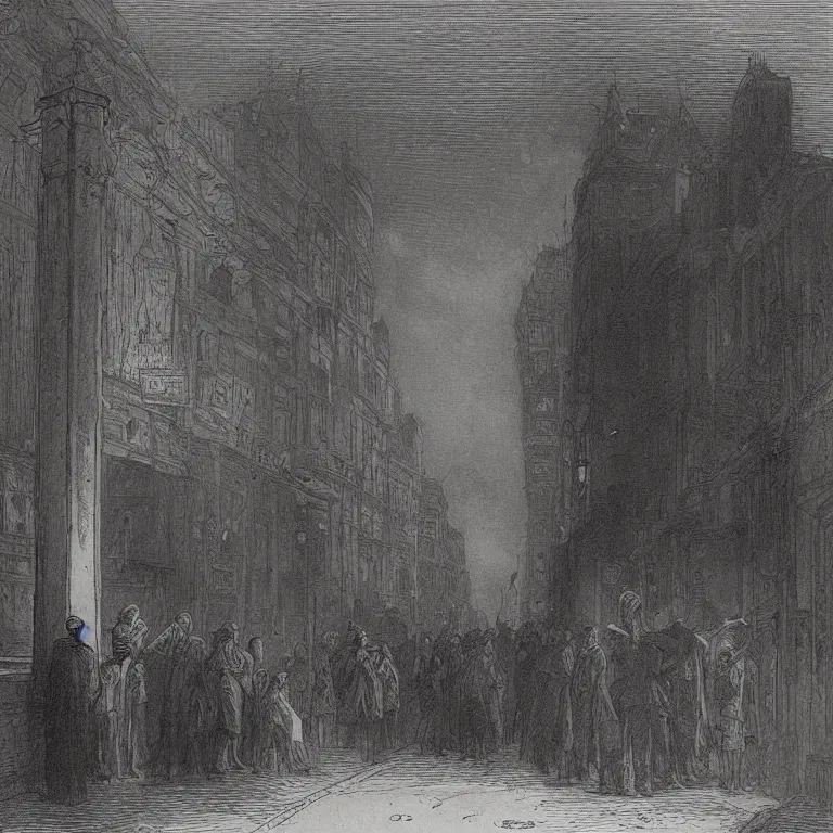 Image similar to some people waiting in a lone bus stop in qiet dark city, by Gustave Doré