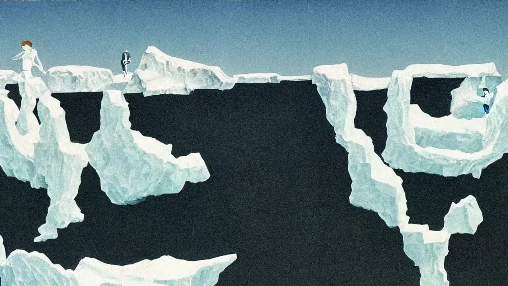 Prompt: A vintage scientific illustration from the 1970s of a choreography for people are frozen in an iceberg René Magritte