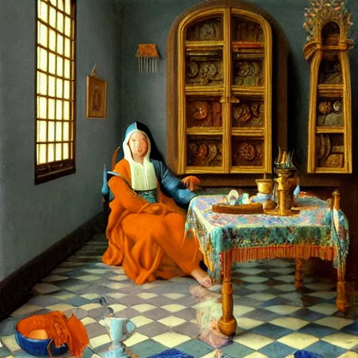 Image similar to a highly detailed fantasy pastel oil painting of a young wizard in ornate clothing lounging on a purpur pillow on the marble floor in front of her bookcase, studying an ancient tome. to the side is a potted plant and some blue candles. ancient oriental fantasy setting. in the style vermeer and mark tedin