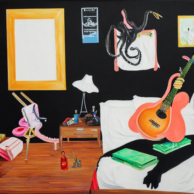 Prompt: a portrait in a female art student's bedroom, black walls, a woman reading das kapital, pancakes, sheet music, electric guitar, surgical supplies, ikebana, sensual, octopus, neo - expressionism, surrealism, acrylic and spray paint and oilstick on canvas