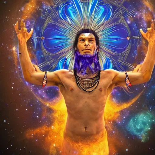 Image similar to amazonian shaman entering a visionary state and traveling in his astral body to hyperspace