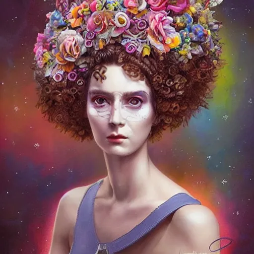 Image similar to Lofi biopunk portrait beautiful woman with short brown curly hair, roman face, unicorn, rainbow, floral, Tristan Eaton, Stanley Artgerm, Tom Bagshaw